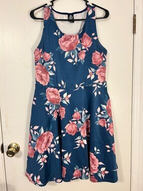 Agnes & Dora Teal Dress with Pink Rose Print